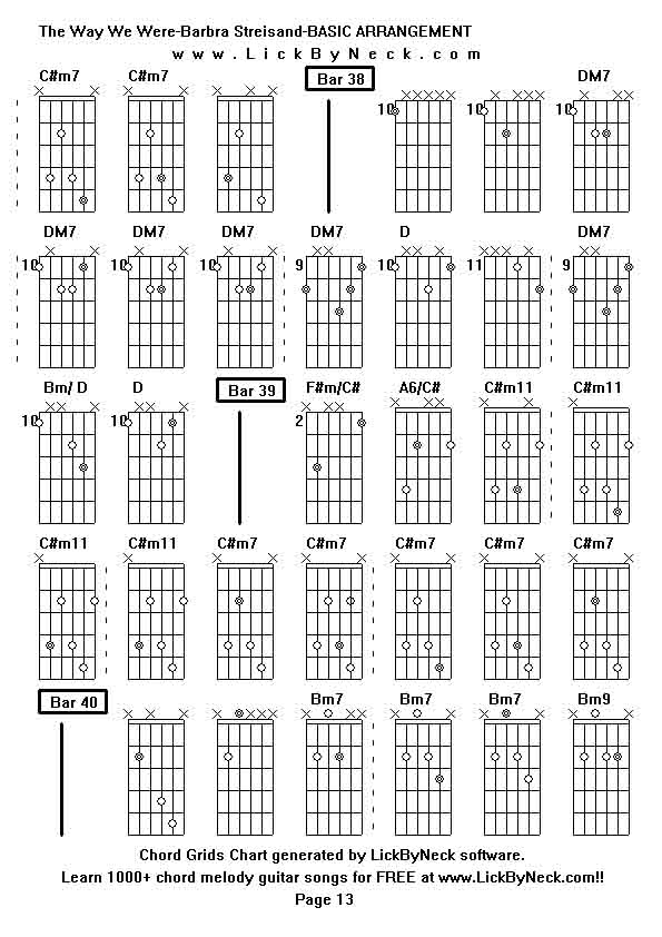 Chord Grids Chart of chord melody fingerstyle guitar song-The Way We Were-Barbra Streisand-BASIC ARRANGEMENT,generated by LickByNeck software.